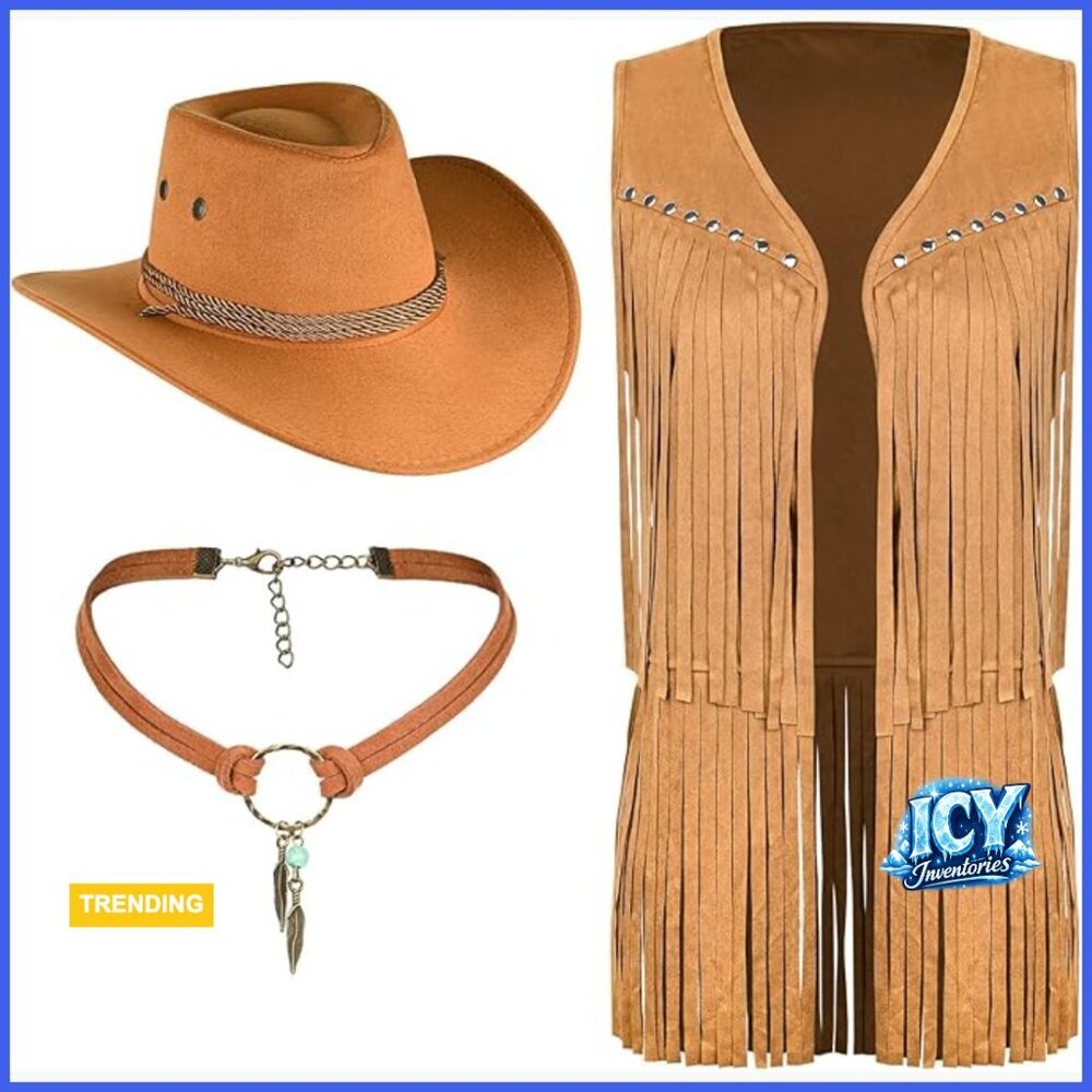 Faux Suede Fringe Vest with Leather Necklace and Cowboy Hat